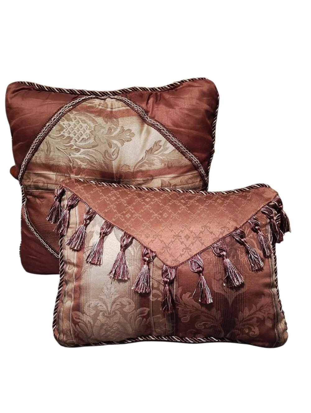 Chris Madden Accent Pillow Set Triangle Overlay Cord Trim Rose Brown Color Silky